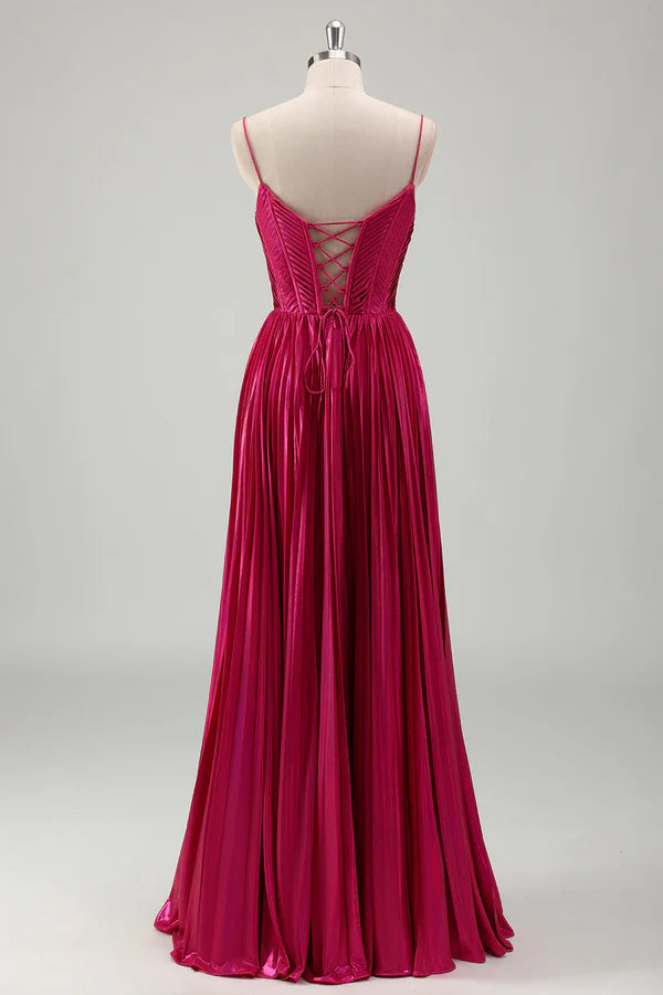 Fuchsia A Line Spaghetti Straps Corset Pleated Prom Dress with Lace Up Back simple gentle atmospheric and unique desi