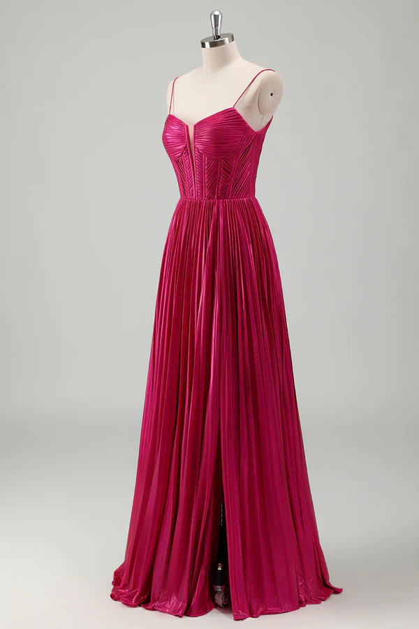 Fuchsia A Line Spaghetti Straps Corset Pleated Prom Dress with Lace Up Back simple gentle atmospheric and unique desi