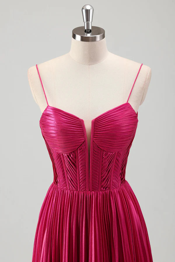 Fuchsia A Line Spaghetti Straps Corset Pleated Prom Dress with Lace Up Back simple gentle atmospheric and unique desi