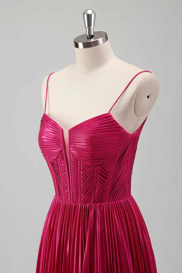 Fuchsia A Line Spaghetti Straps Corset Pleated Prom Dress with Lace Up Back simple gentle atmospheric and unique desi