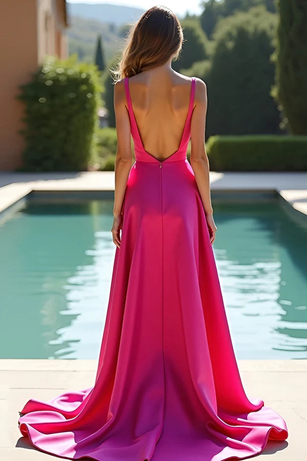 Fuchsia A Line Spaghetti Straps Satin Long Prom Dress with Slit simple gentle atmospheric and unique desi Bring summer colors to enhance whiteness