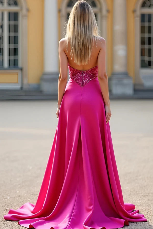 Fuchsia A Line Strapless Corset Sequin Prom Dress simple gentle atmospheric and unique desi Bring summer colors to enhance whiteness
