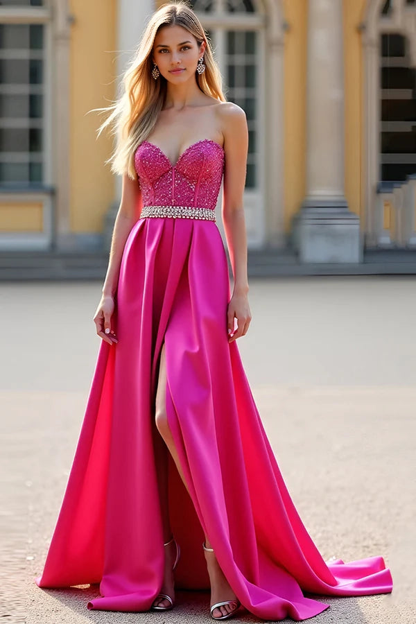 Fuchsia A Line Strapless Corset Sequin Prom Dress simple gentle atmospheric and unique desi Bring summer colors to enhance whiteness