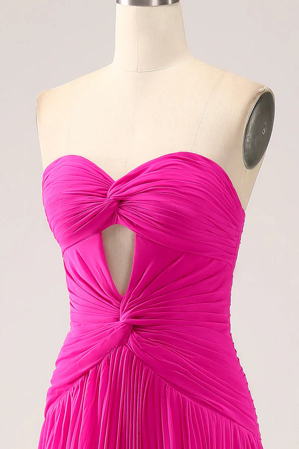 Fuchsia A Line Sweetheart Pleated Keyhole Long Prom Dress With Slit simple gentle atmospheric and unique desi