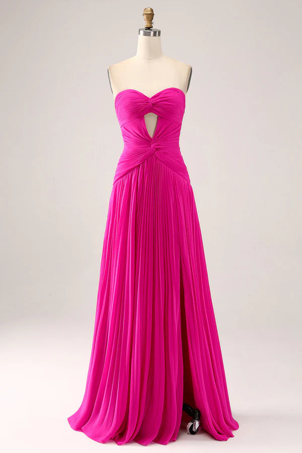 Fuchsia A Line Sweetheart Pleated Keyhole Long Prom Dress With Slit simple gentle atmospheric and unique desi