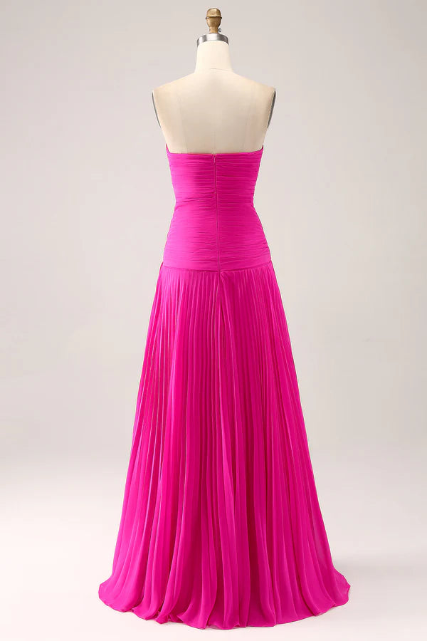 Fuchsia A Line Sweetheart Pleated Keyhole Long Prom Dress With Slit simple gentle atmospheric and unique desi