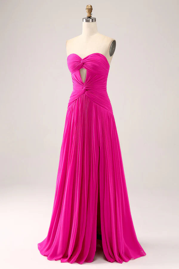 Fuchsia A Line Sweetheart Pleated Keyhole Long Prom Dress With Slit simple gentle atmospheric and unique desi