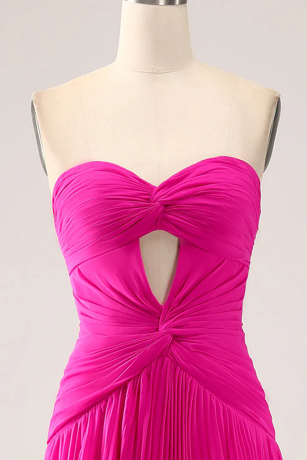 Fuchsia A Line Sweetheart Pleated Keyhole Long Prom Dress With Slit simple gentle atmospheric and unique desi