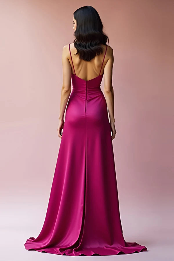 Fuchsia Backless Spaghetti Straps A Line Long Prom Dress with Slit simple gentle atmospheric and unique desi Bring summer colors to enhance whiteness
