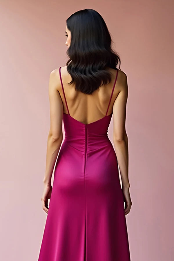 Fuchsia Backless Spaghetti Straps A Line Long Prom Dress with Slit simple gentle atmospheric and unique desi Bring summer colors to enhance whiteness