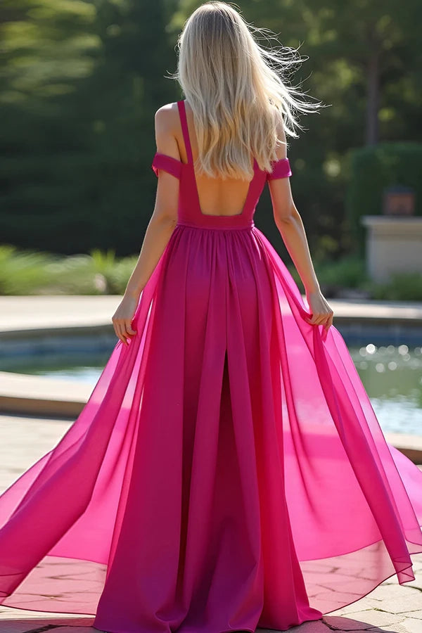 Fuchsia Cold Shoulder A Line Long Prom Dress simple gentle atmospheric and unique desi Bring summer colors to enhance whiteness
