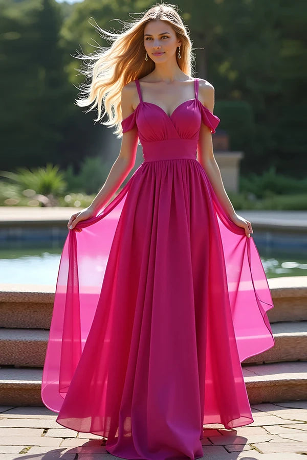 Fuchsia Cold Shoulder A Line Long Prom Dress simple gentle atmospheric and unique desi Bring summer colors to enhance whiteness