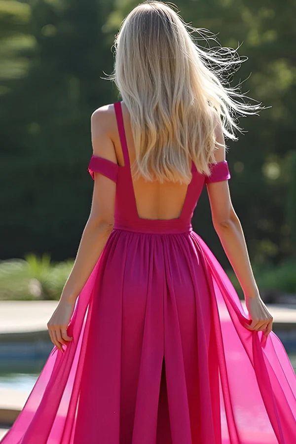 Fuchsia Cold Shoulder A Line Long Prom Dress simple gentle atmospheric and unique desi Bring summer colors to enhance whiteness