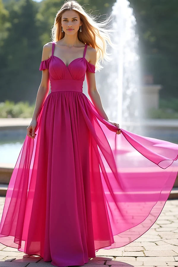 Fuchsia Cold Shoulder A Line Long Prom Dress simple gentle atmospheric and unique desi Bring summer colors to enhance whiteness