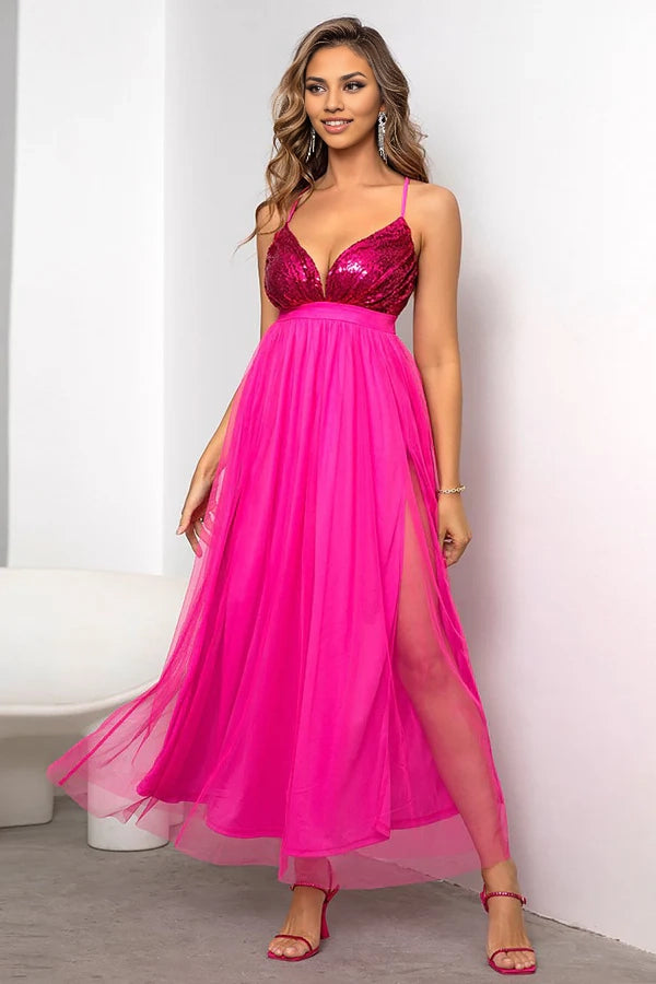 Fuchsia Deep V Neck A Line Sparkly Long Prom Dress With Slit simple gentle atmospheric and unique desi