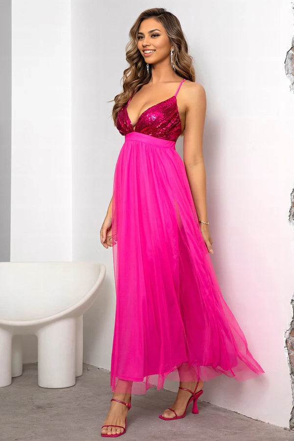 Fuchsia Deep V Neck A Line Sparkly Long Prom Dress With Slit simple gentle atmospheric and unique desi
