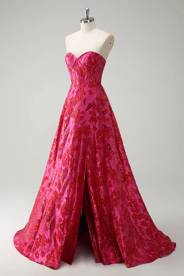Fuchsia Floral Jacquard Sweetheart Princess Long Corset Prom Dress with Slit simple gentle atmospheric and unique desi Bring summer colors to enhance whiteness