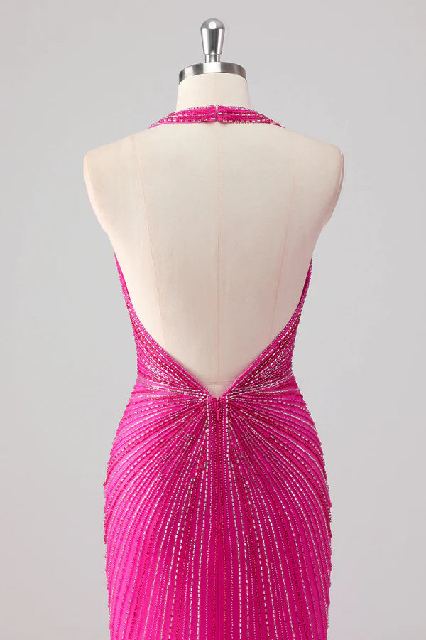 Fuchsia Mermaid Halter Open Back Beaded Long Prom Dress with Slit simple gentle atmospheric and unique desi Bring summer colors to enhance whiteness