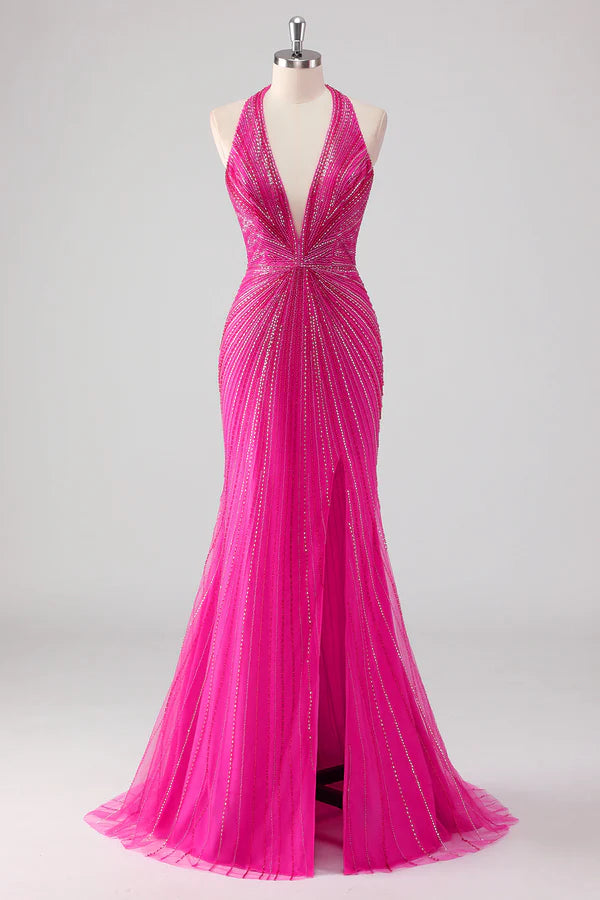 Fuchsia Mermaid Halter Open Back Beaded Long Prom Dress with Slit simple gentle atmospheric and unique desi Bring summer colors to enhance whiteness