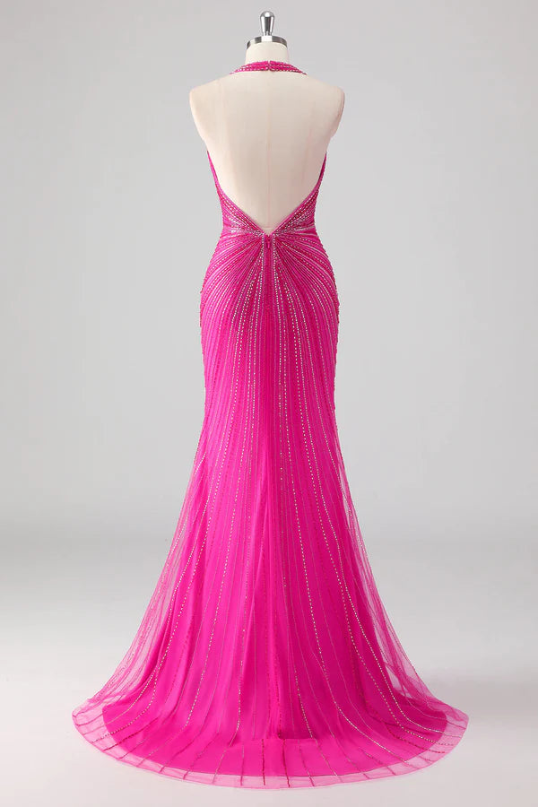 Fuchsia Mermaid Halter Open Back Beaded Long Prom Dress with Slit simple gentle atmospheric and unique desi Bring summer colors to enhance whiteness