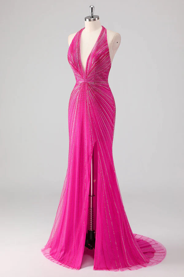 Fuchsia Mermaid Halter Open Back Beaded Long Prom Dress with Slit simple gentle atmospheric and unique desi Bring summer colors to enhance whiteness