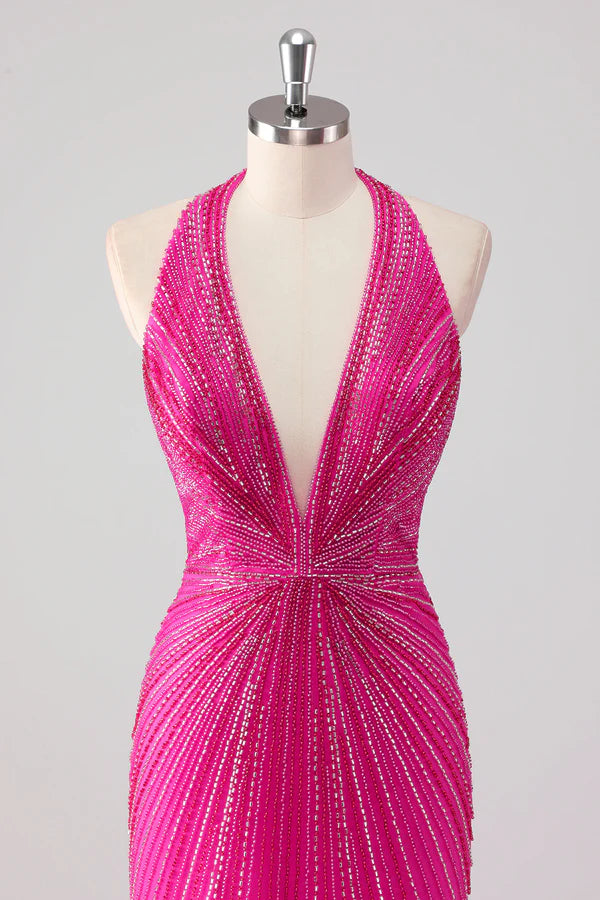 Fuchsia Mermaid Halter Open Back Beaded Long Prom Dress with Slit simple gentle atmospheric and unique desi Bring summer colors to enhance whiteness