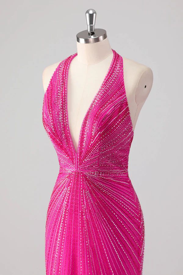 Fuchsia Mermaid Halter Open Back Beaded Long Prom Dress with Slit simple gentle atmospheric and unique desi Bring summer colors to enhance whiteness