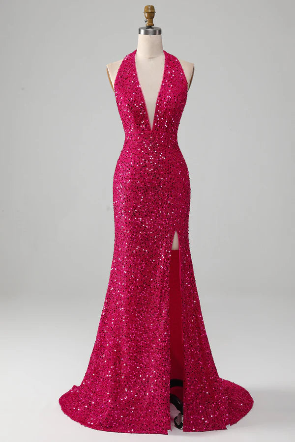 Fuchsia Mermaid Halter Sequin Prom Dress With Slit Simple gentle atmospheric and unique desig