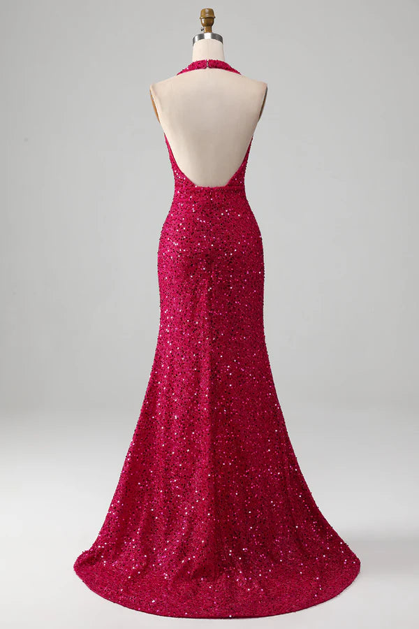 Fuchsia Mermaid Halter Sequin Prom Dress With Slit Simple gentle atmospheric and unique desig