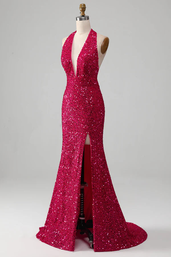 Fuchsia Mermaid Halter Sequin Prom Dress With Slit Simple gentle atmospheric and unique desig