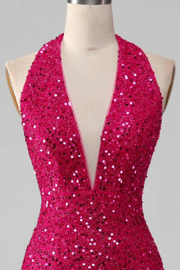 Fuchsia Mermaid Halter Sequin Prom Dress With Slit Simple gentle atmospheric and unique desig