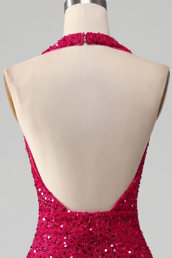 Fuchsia Mermaid Halter Sequin Prom Dress With Slit Simple gentle atmospheric and unique desig