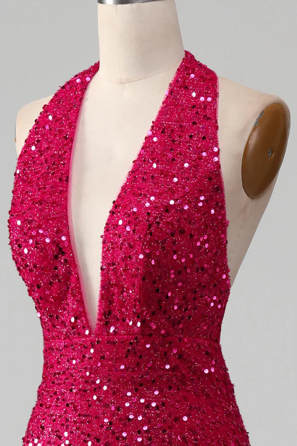 Fuchsia Mermaid Halter Sequin Prom Dress With Slit Simple gentle atmospheric and unique desig