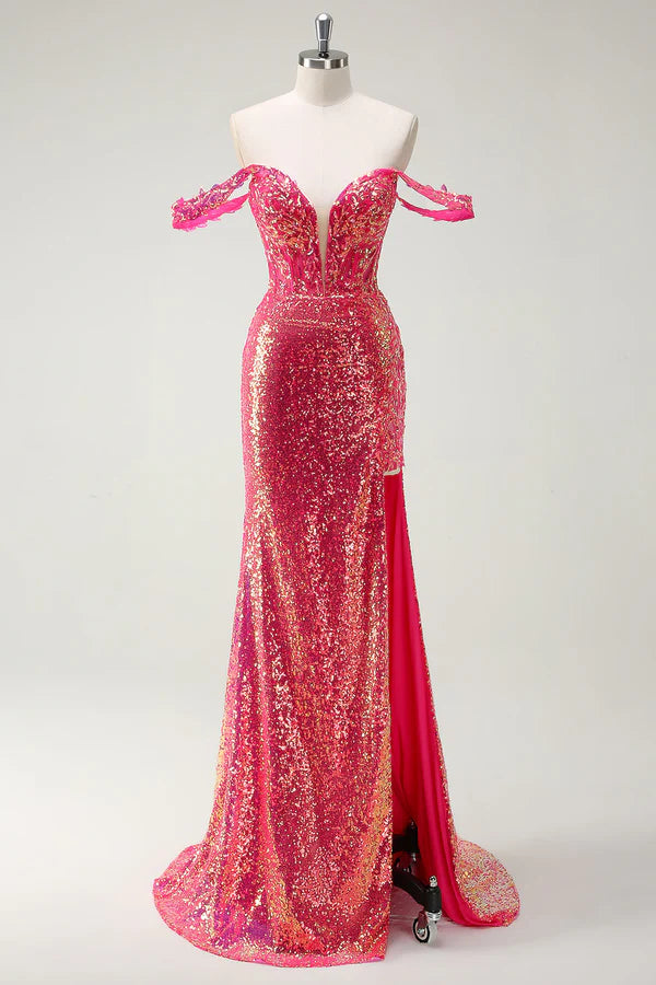 Fuchsia Mermaid Sequined Off The Shoulder Prom Dress simple gentle atmospheric and unique desi Bring summer colors to enhance whiteness