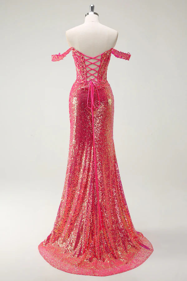 Fuchsia Mermaid Sequined Off The Shoulder Prom Dress simple gentle atmospheric and unique desi Bring summer colors to enhance whiteness