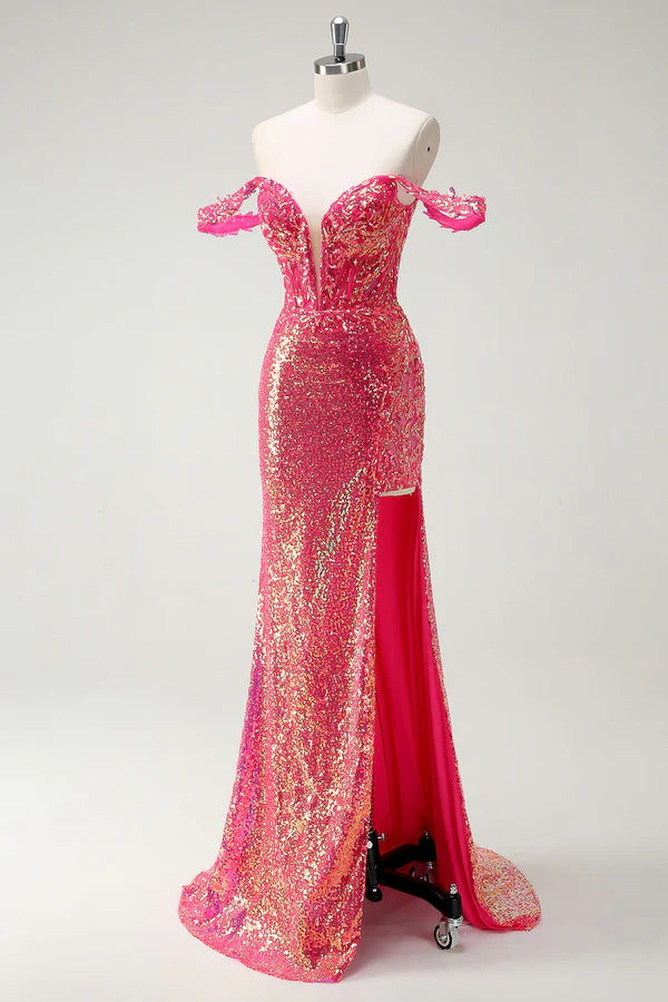 Fuchsia Mermaid Sequined Off The Shoulder Prom Dress simple gentle atmospheric and unique desi Bring summer colors to enhance whiteness
