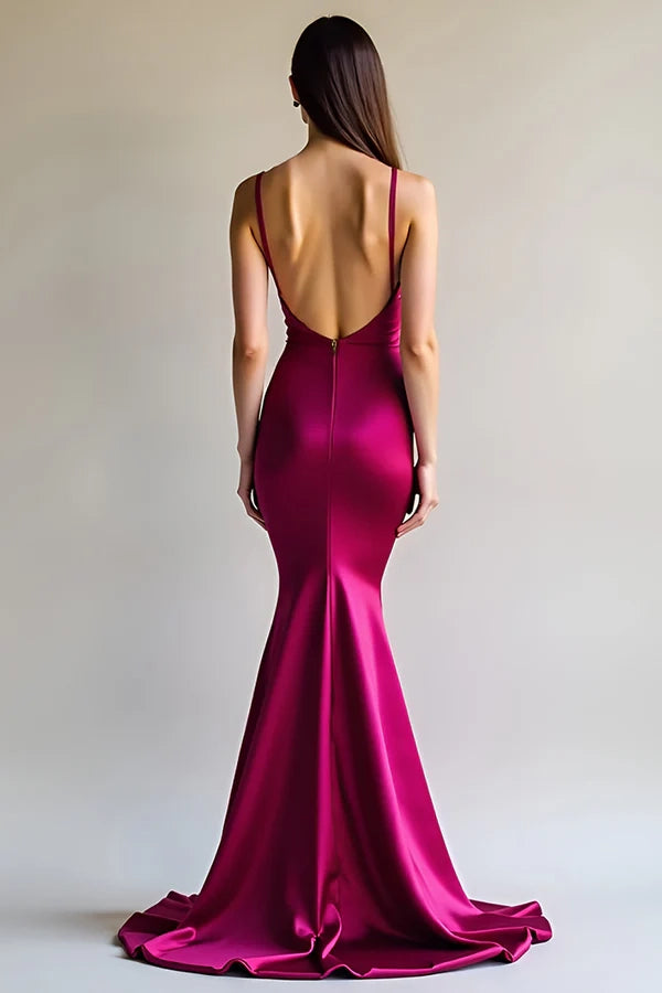 Fuchsia Mermaid Spaghetti Straps Long Satin Prom Dress simple gentle atmospheric and unique desi Bring summer colors to enhance whiteness