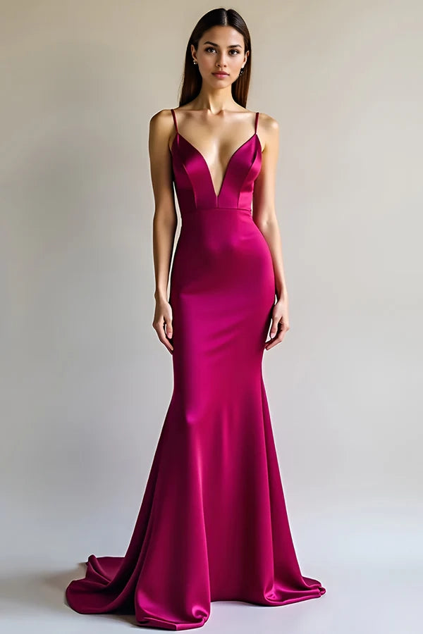 Fuchsia Mermaid Spaghetti Straps Long Satin Prom Dress simple gentle atmospheric and unique desi Bring summer colors to enhance whiteness