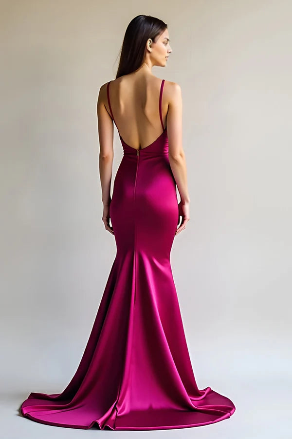Fuchsia Mermaid Spaghetti Straps Long Satin Prom Dress simple gentle atmospheric and unique desi Bring summer colors to enhance whiteness