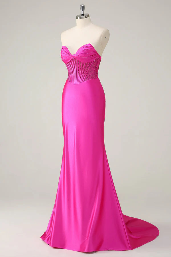 Fuchsia Mermaid Strapless Corset Prom Dress simple gentle atmospheric and unique desi