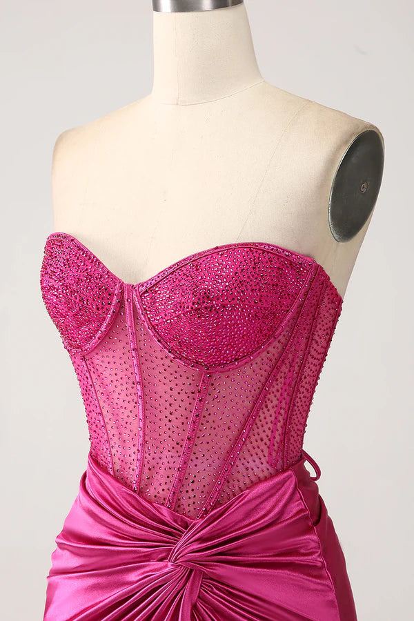 Fuchsia Mermaid Sweetheart Pleated Long Corset Satin Prom Dress With Slit simple gentle atmospheric and unique desiFuchsia Mermaid Sweetheart Pleated Long Corset Satin Prom Dress With Slit simple gentle atmospheric and unique desi