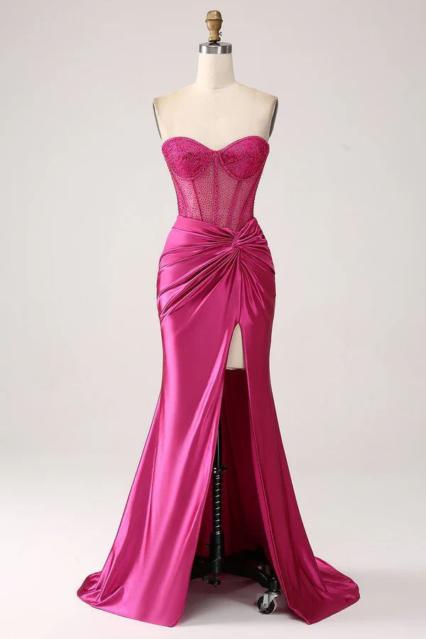 Fuchsia Mermaid Sweetheart Pleated Long Corset Satin Prom Dress With Slit simple gentle atmospheric and unique desiFuchsia Mermaid Sweetheart Pleated Long Corset Satin Prom Dress With Slit simple gentle atmospheric and unique desi