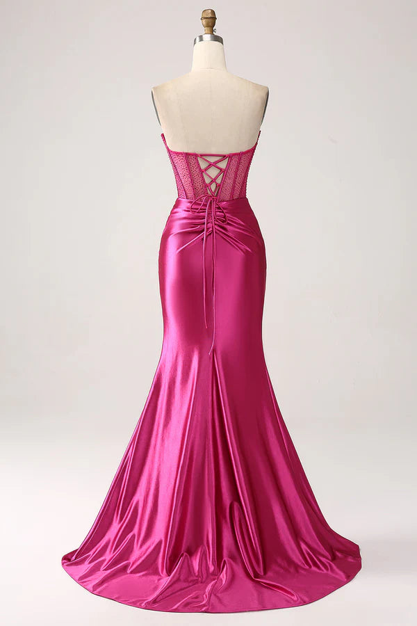 Fuchsia Mermaid Sweetheart Pleated Long Corset Satin Prom Dress With Slit simple gentle atmospheric and unique desiFuchsia Mermaid Sweetheart Pleated Long Corset Satin Prom Dress With Slit simple gentle atmospheric and unique desi