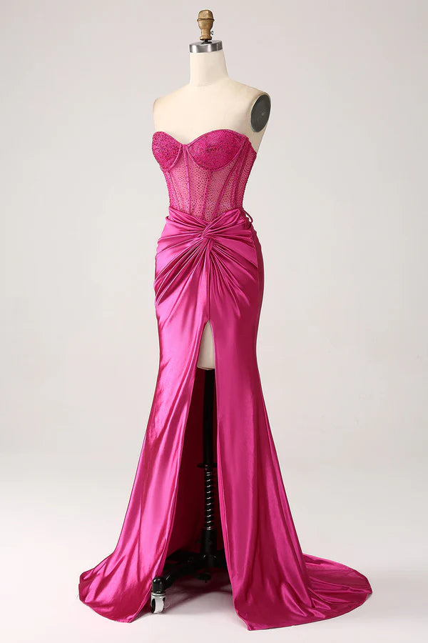 Fuchsia Mermaid Sweetheart Pleated Long Corset Satin Prom Dress With Slit simple gentle atmospheric and unique desiFuchsia Mermaid Sweetheart Pleated Long Corset Satin Prom Dress With Slit simple gentle atmospheric and unique desi