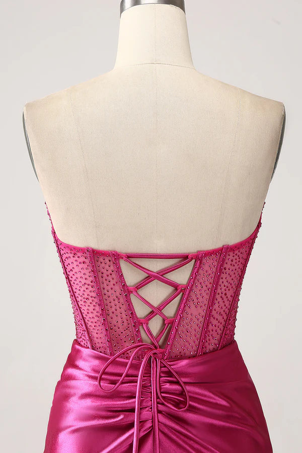 Fuchsia Mermaid Sweetheart Pleated Long Corset Satin Prom Dress With Slit simple gentle atmospheric and unique desiFuchsia Mermaid Sweetheart Pleated Long Corset Satin Prom Dress With Slit simple gentle atmospheric and unique desi