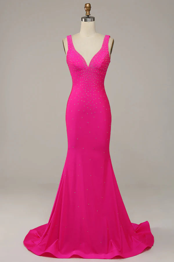 Fuchsia Mermaid V-Neck Beaded Prom Dress Simple gentle atmospheric and unique design