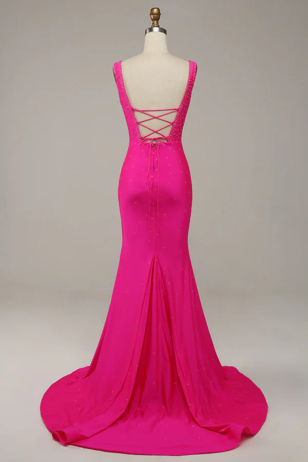 Fuchsia Mermaid V-Neck Beaded Prom Dress Simple gentle atmospheric and unique design