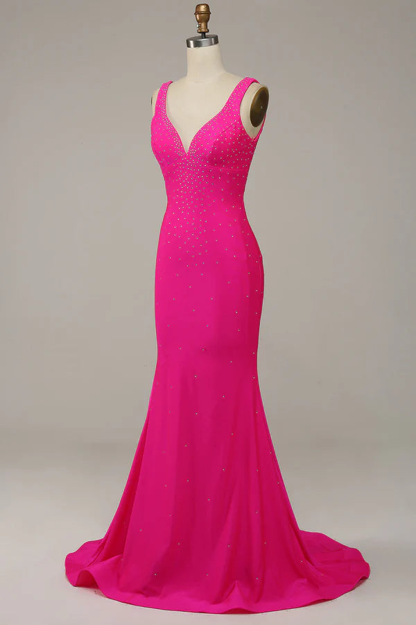 Fuchsia Mermaid V-Neck Beaded Prom Dress Simple gentle atmospheric and unique design