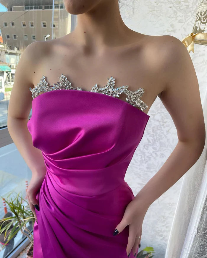 Fuchsia Radiance Strapless Crystal-Adorned Prom Dress Featuring a Slit Simple gentle atmospheric and unique design  ﻿ ﻿
