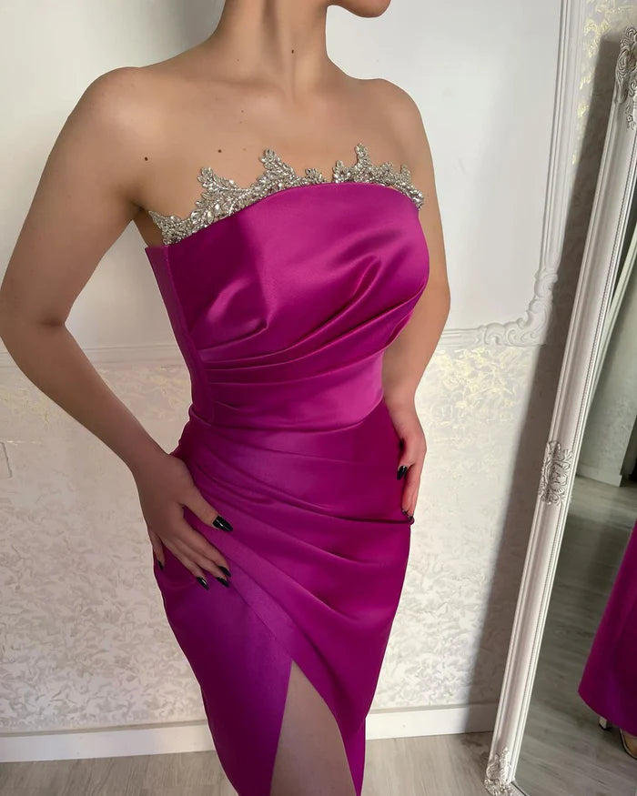 Fuchsia Radiance Strapless Crystal-Adorned Prom Dress Featuring a Slit Simple gentle atmospheric and unique design  ﻿ ﻿